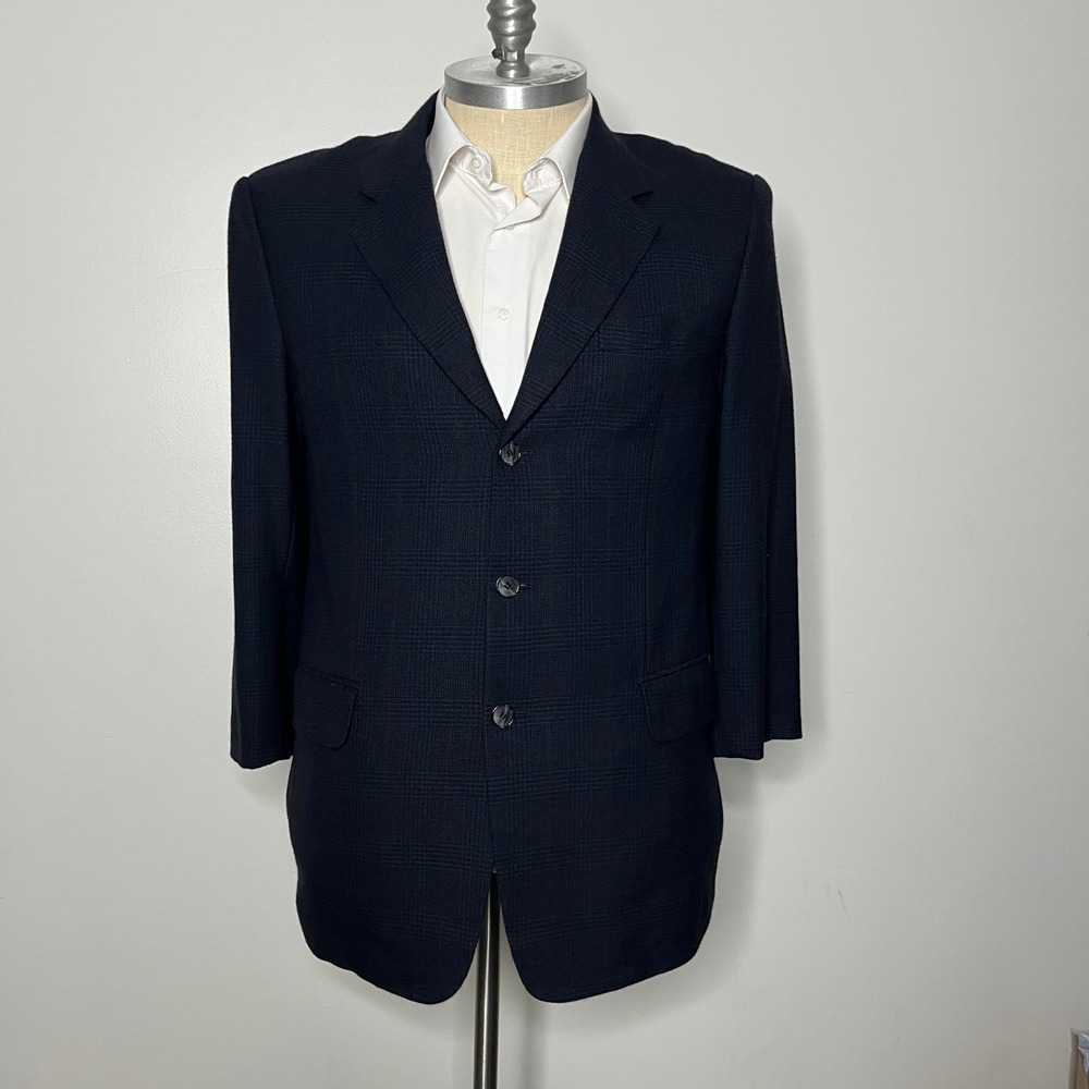 E Thomas Mens Blazer 46R Plaid Wool Cashmere Blend Business Casual‎